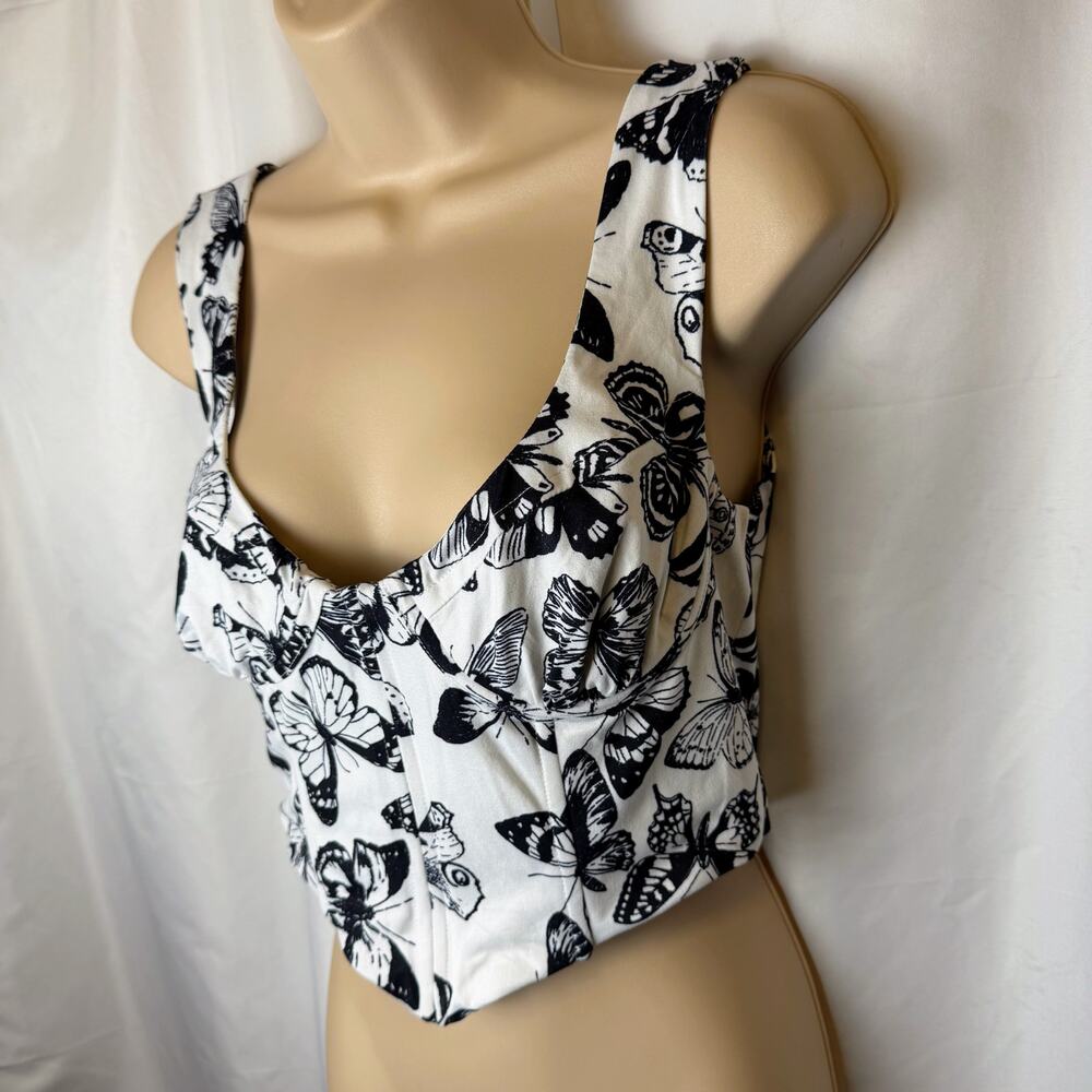 AKIRA‎ Butterfly Print Corset Top Black White Zip Front Y2K Fairycore Size M